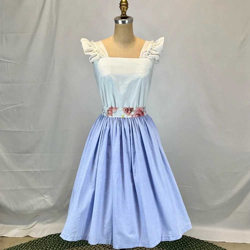 VINTAGE 80s lavender garden party dress‎ eyelet lace ruffle fit flare sleeveless - Picture 14 of 14
